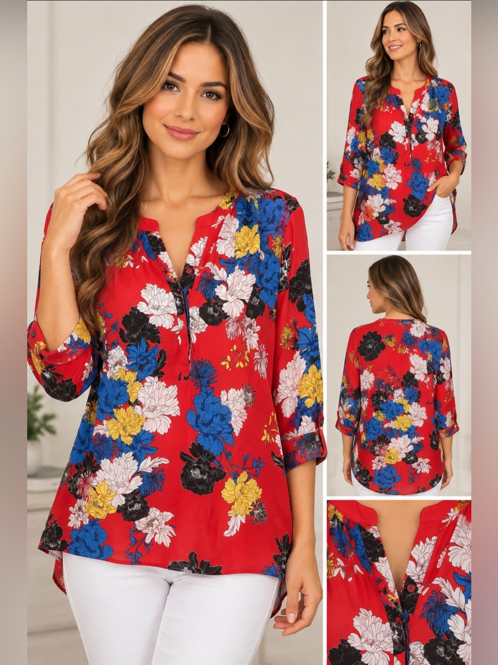 Violet + Claire Red Floral V-Neck Tunic Blouse Size 1X